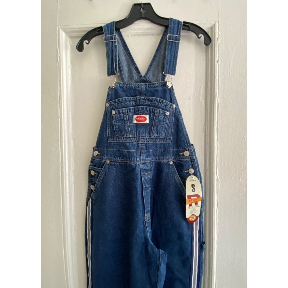 Vtg 90s REVOLT Deadstock Denim Overalls Side Stripe Carpenter Small NWT Y2K